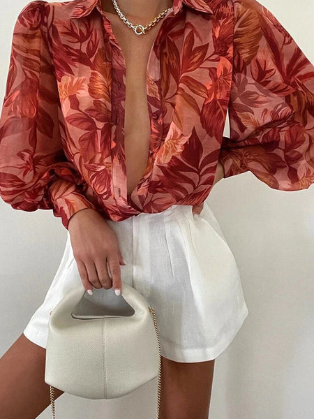 Bodil | Floral Puff Sleeve Bluse for Kvinner