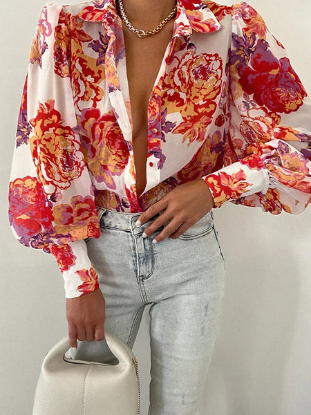 Bodil | Floral Puff Sleeve Bluse for Kvinner