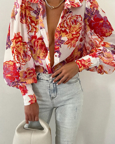 Bodil | Floral Puff Sleeve Bluse for Kvinner