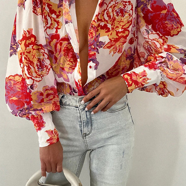 Bodil | Floral Puff Sleeve Bluse for Kvinner