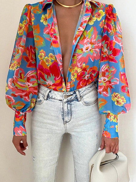 Bodil | Floral Puff Sleeve Bluse for Kvinner