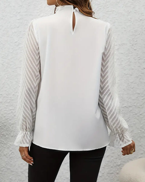 May Britt | Chic Plisserte Topp med Gjennomsiktige Mesh Ermer for Kvinner
