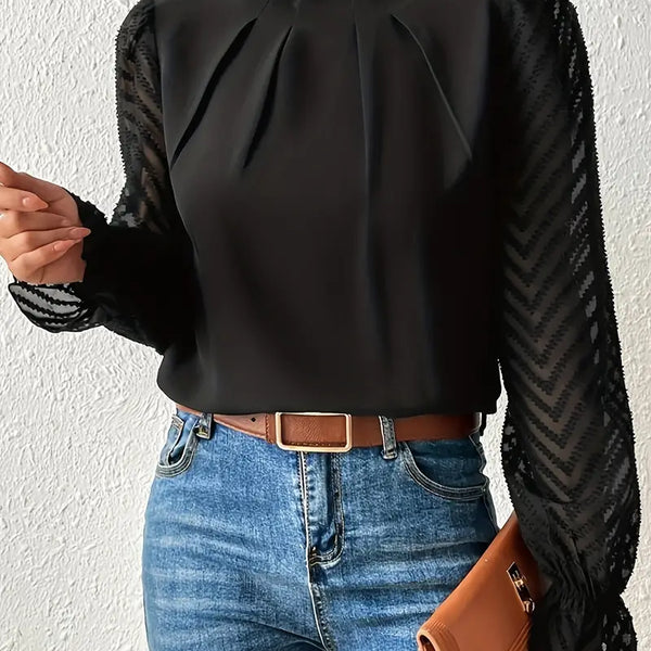 May Britt | Chic Plisserte Topp med Gjennomsiktige Mesh Ermer for Kvinner