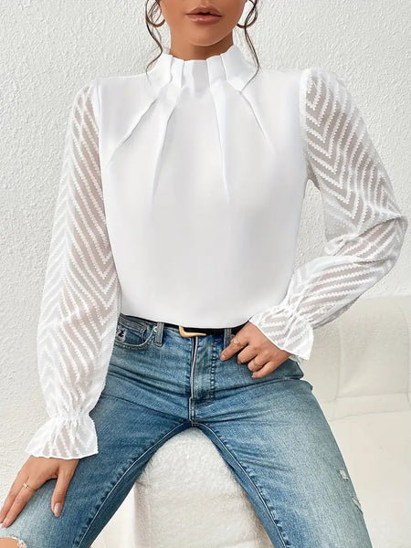 May Britt | Chic Plisserte Topp med Gjennomsiktige Mesh Ermer for Kvinner