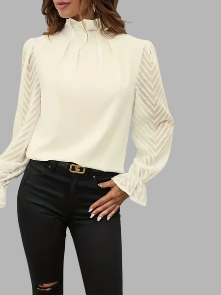 May Britt | Chic Plisserte Topp med Gjennomsiktige Mesh Ermer for Kvinner