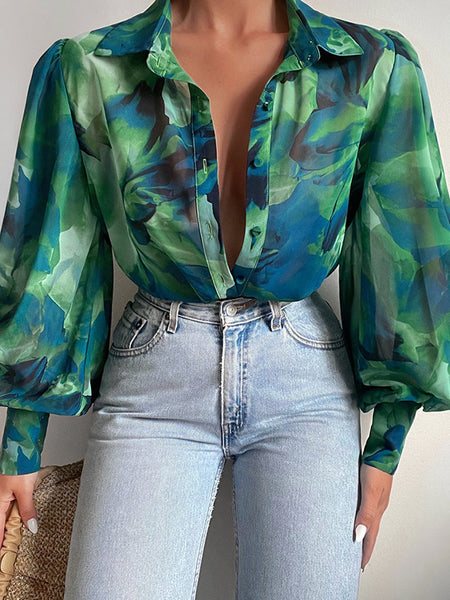 Bodil | Floral Puff Sleeve Bluse for Kvinner